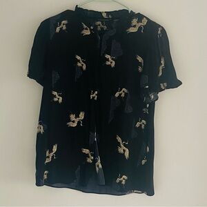 Tahari Navy Blouse with Crane Design